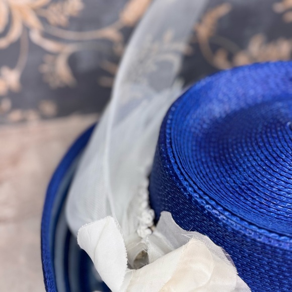Estate Royal Blue Kentucky Derby Wide Brim Hat Mesh Floral Feather main image 9